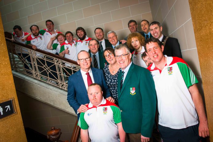 Members of IMART project team and mixed ability players from host club Sunday’s Well RFC along Minister Simon Coveney