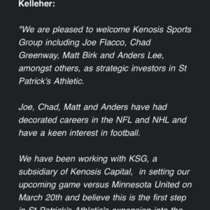 NFL Stars Invest in St. Patrick’s Athletic: A Game-Changing Partnership.